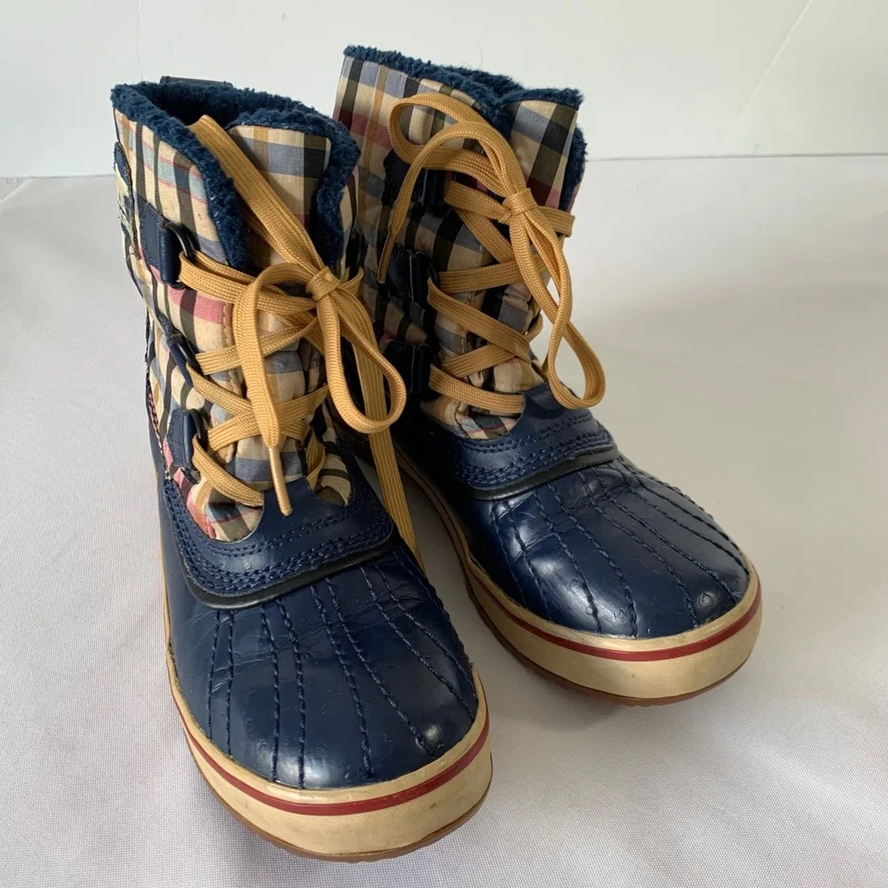 Sorel Winter Duck Boots Womens 6 Navy Blue Plaid Waterproof Insulated Gorpcore